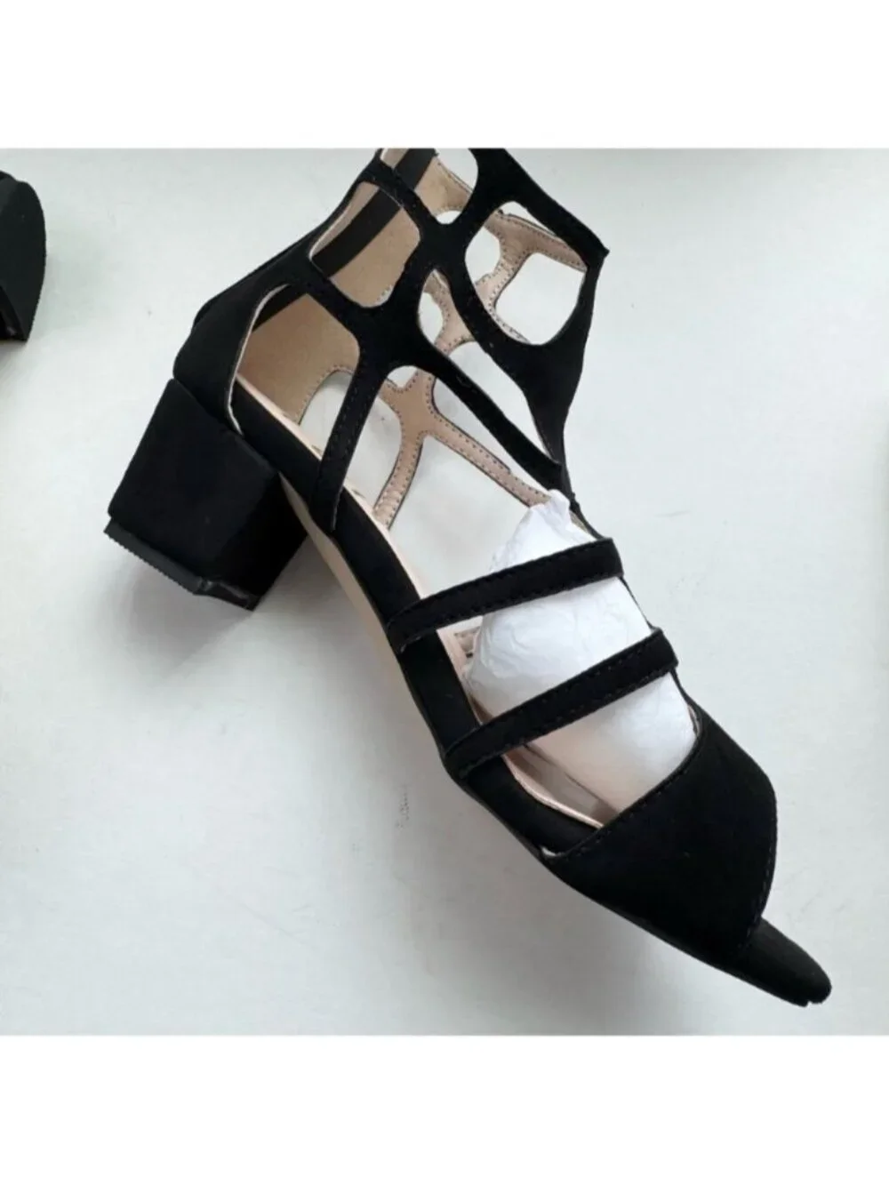 Women Size 7 Sexy Peep Toe Strappy Cutout Sandals Black Suede YDN